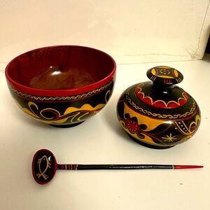 Chinese Handpainted wood lidded container container, bowl & spoon lacquer OOAK